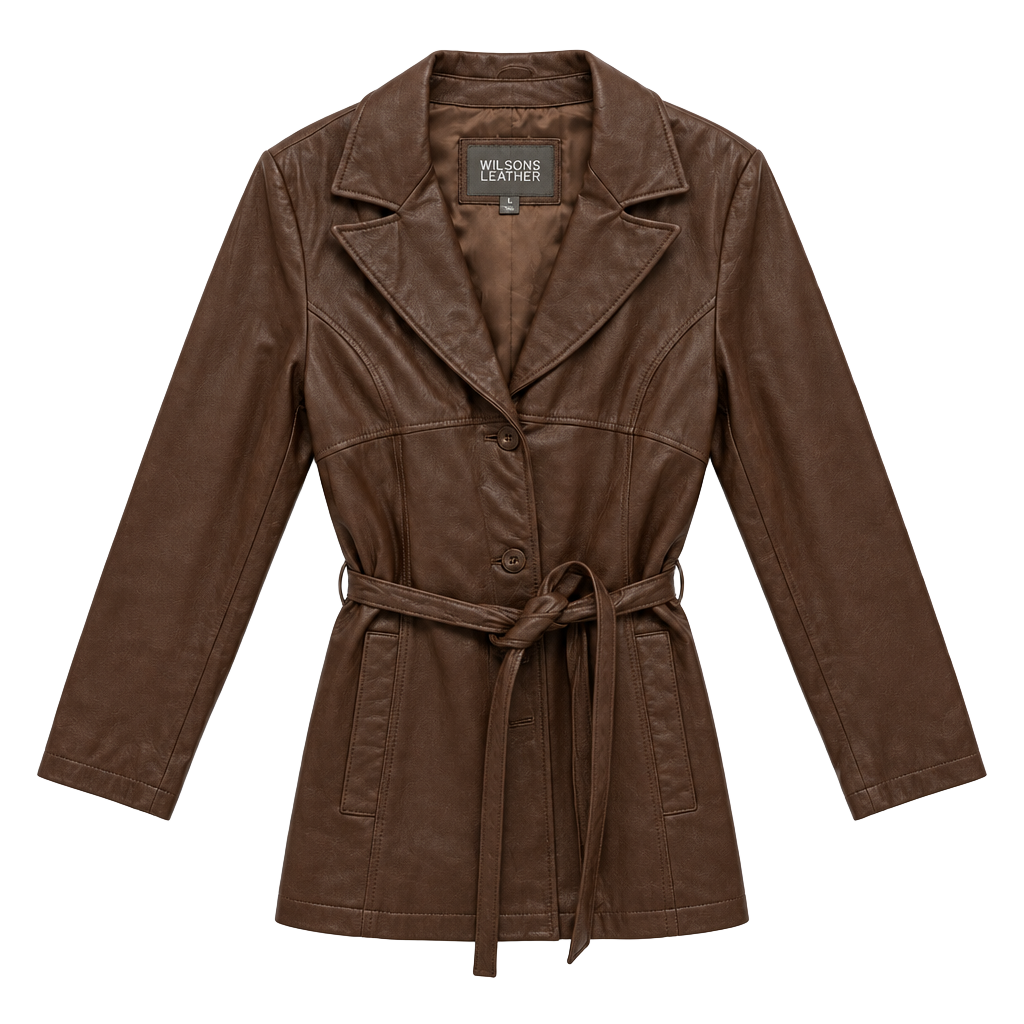 Vintage 1990s Wilsons Leather Jacket Size XL Brown Leather Belted Blazer Coat 1