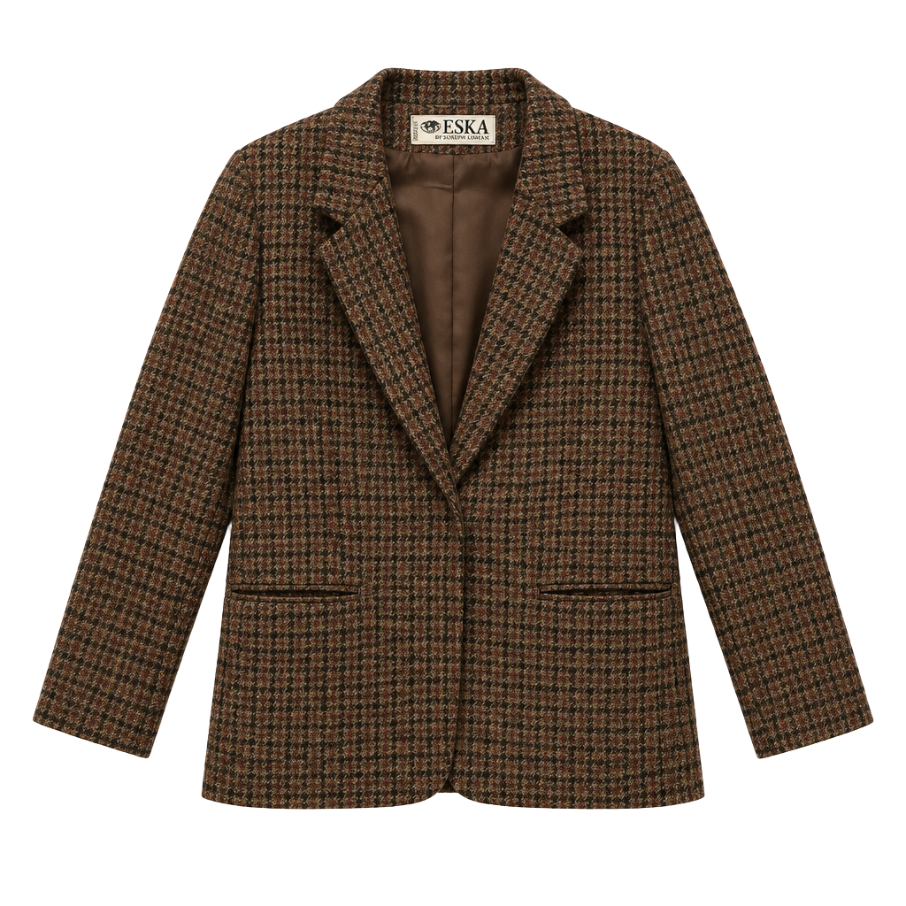 Vintage 1990s Eska Internationale Wool Plaid Blazer Size 14 Brown Tweed Jacket 1
