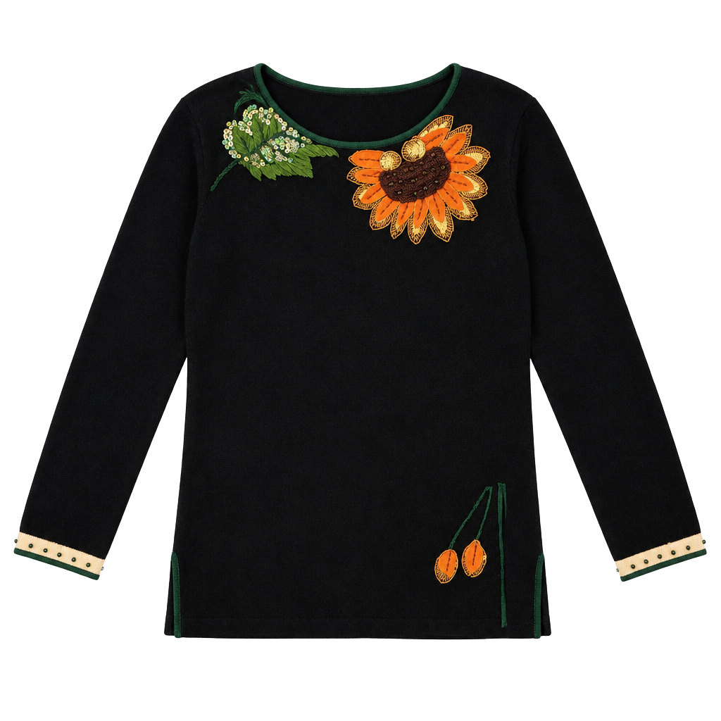 Storybook Knits Sunflower Sweater Size S Black Sequin Beaded Deadstock NWT 1