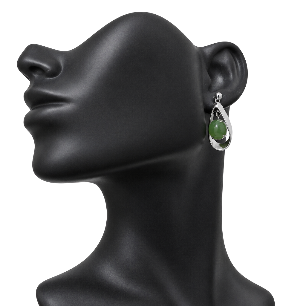 Vintage 1970s Modernist Silver Tone Green Jade Cabochon Drop Earrings 1
