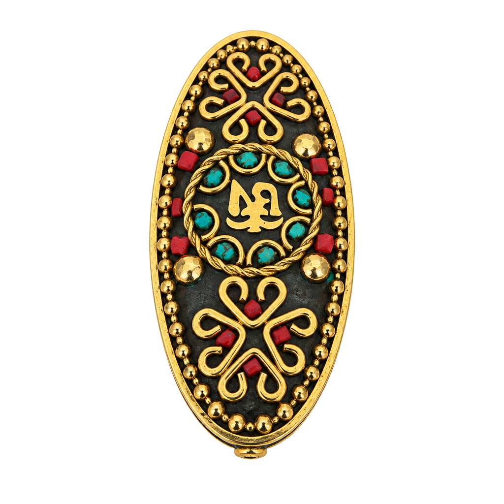 Tibetan Brass Oval Ornate Decorative Amulet 1