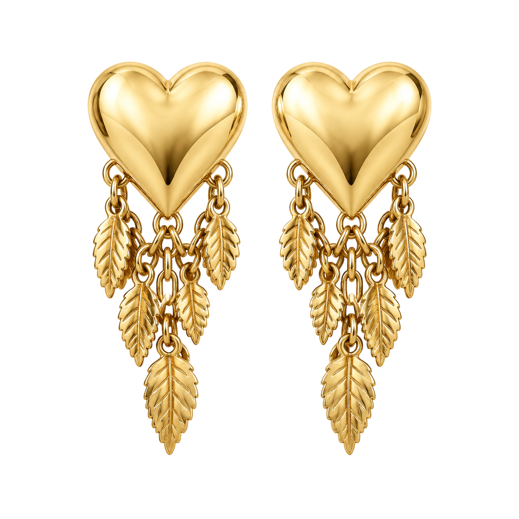 Vintage Gold Tone Double Heart Clip On Earrings Dangle Leaf Fringe 1