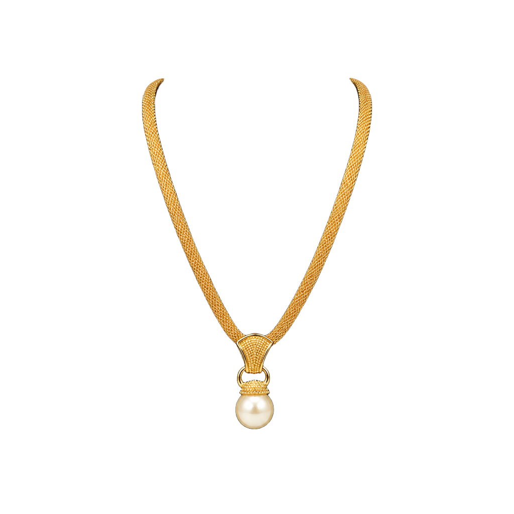 Vintage Gold Tone Mesh Faux Pearl Pendant Necklace 1