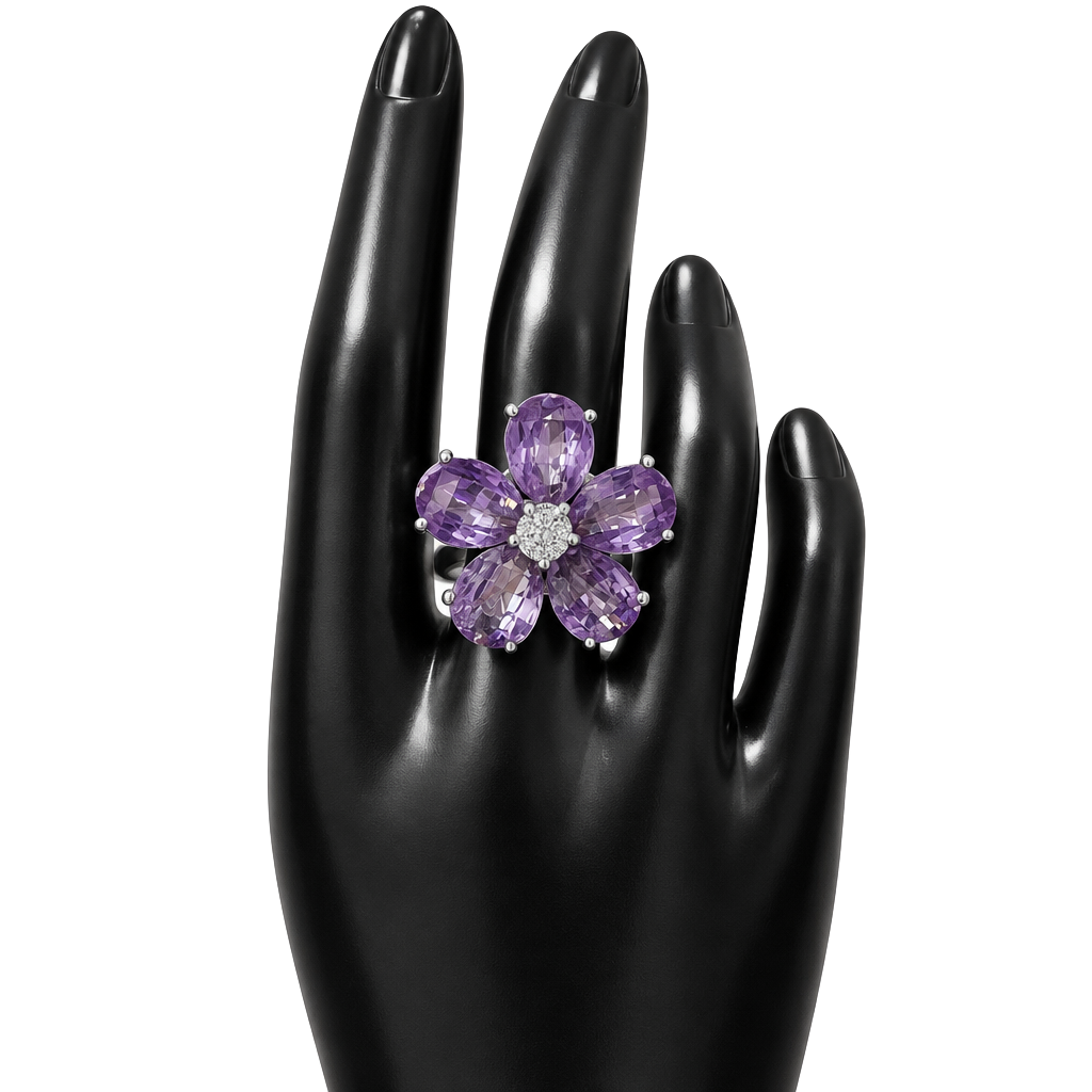 Nolan Miller Purple Crystal Flower Ring Silver Tone 1