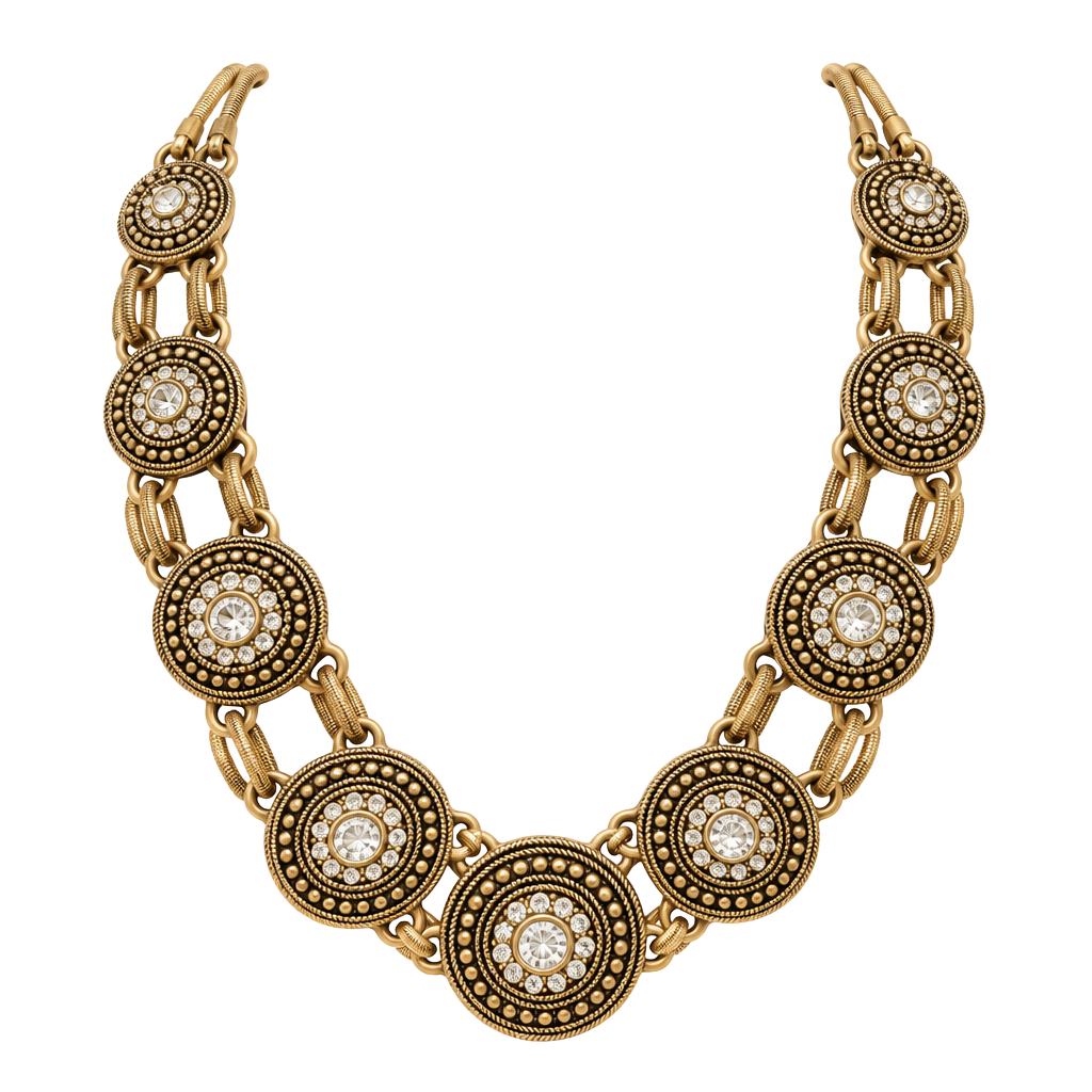 Lia Sophia Vintage Gold Tone Medallion Rhinestone Statement Necklace 1