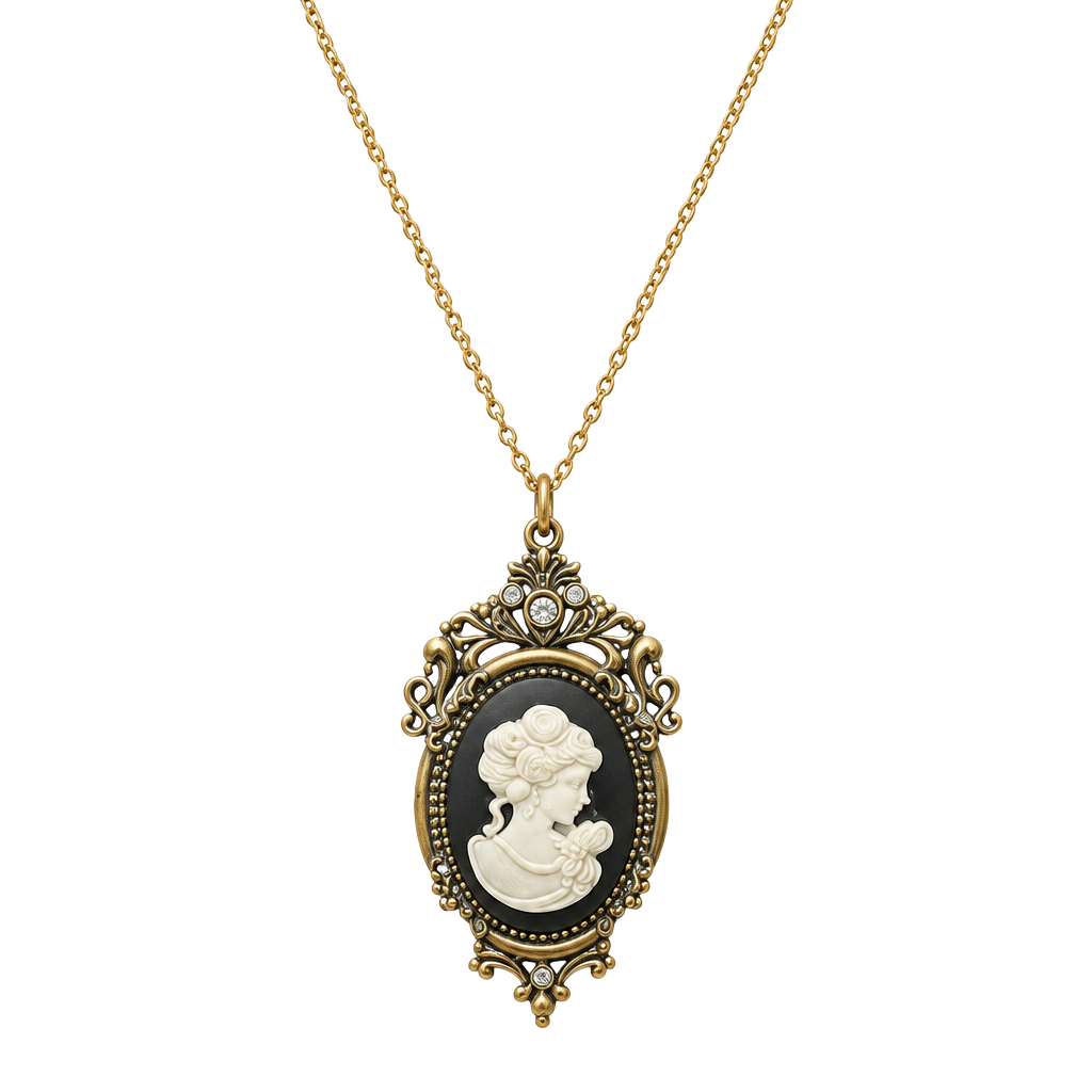 Upcycled Vintage 1970s Black and White Cameo Pendant Necklace Gold Tone Filigree 1