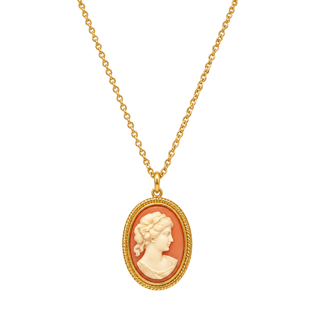 Upcycled Vintage 1970s Gold Tone Oval Cameo Pendant Necklace 1