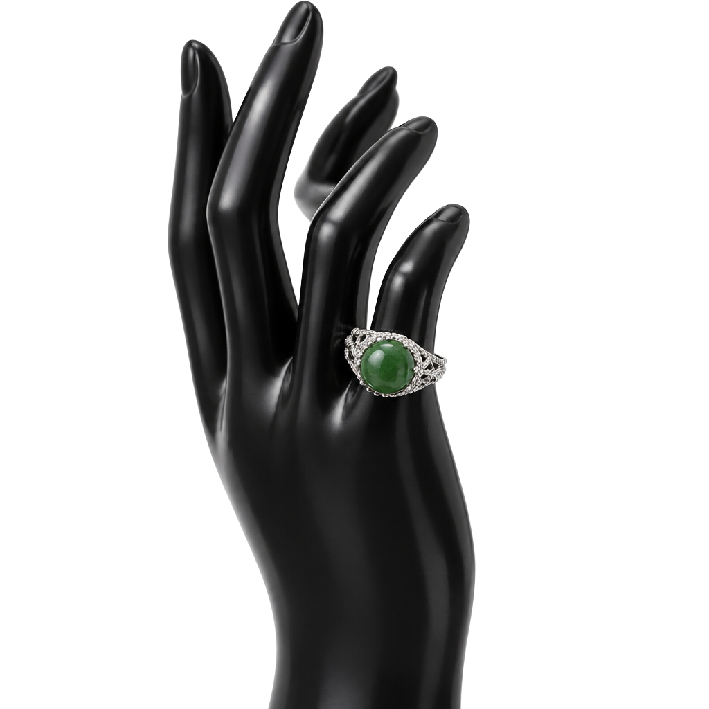 Vintage 1970s Sterling Silver Green Jade Cabochon Filigree Ring 1
