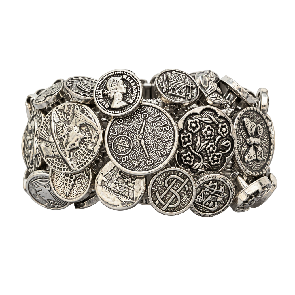 Vintage 1990s Unique Silver-Tone Assorted Coin and Button Statement Bracelet 1
