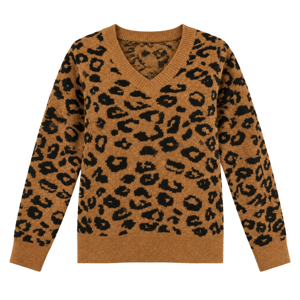 Knox Rose Leopard Print V-Neck Sweater Size S Brown Knit Pullover 1
