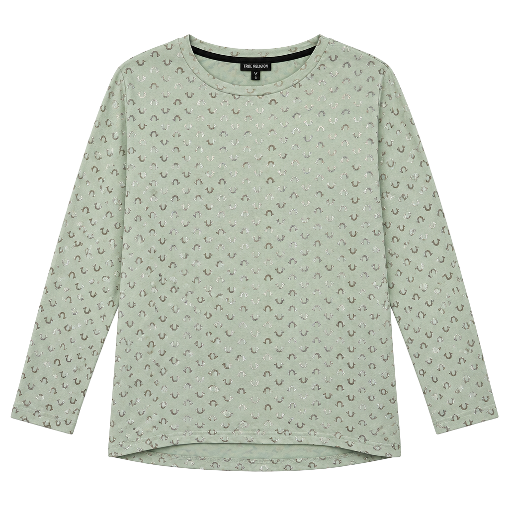 True Religion Horseshoe Print Long Sleeve Top Size M Green 1