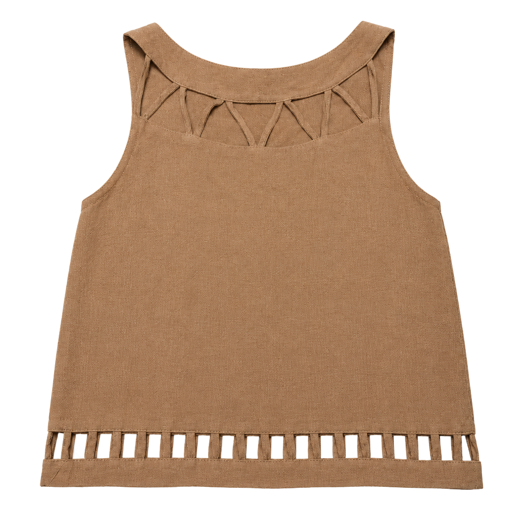 Farm Rio Cut Out Tank Top Size Small Brown Linen Blend Summer Boho Crop Top 1