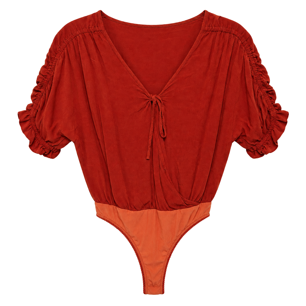 Free People Cleo Bodysuit Burnt Orange Short Sleeve Tie V-Neck 1