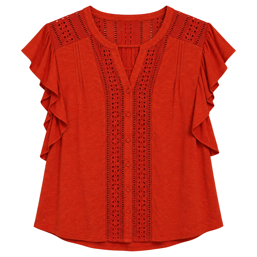 Maeve Red Lace Trim Button Front Top Size Large 1