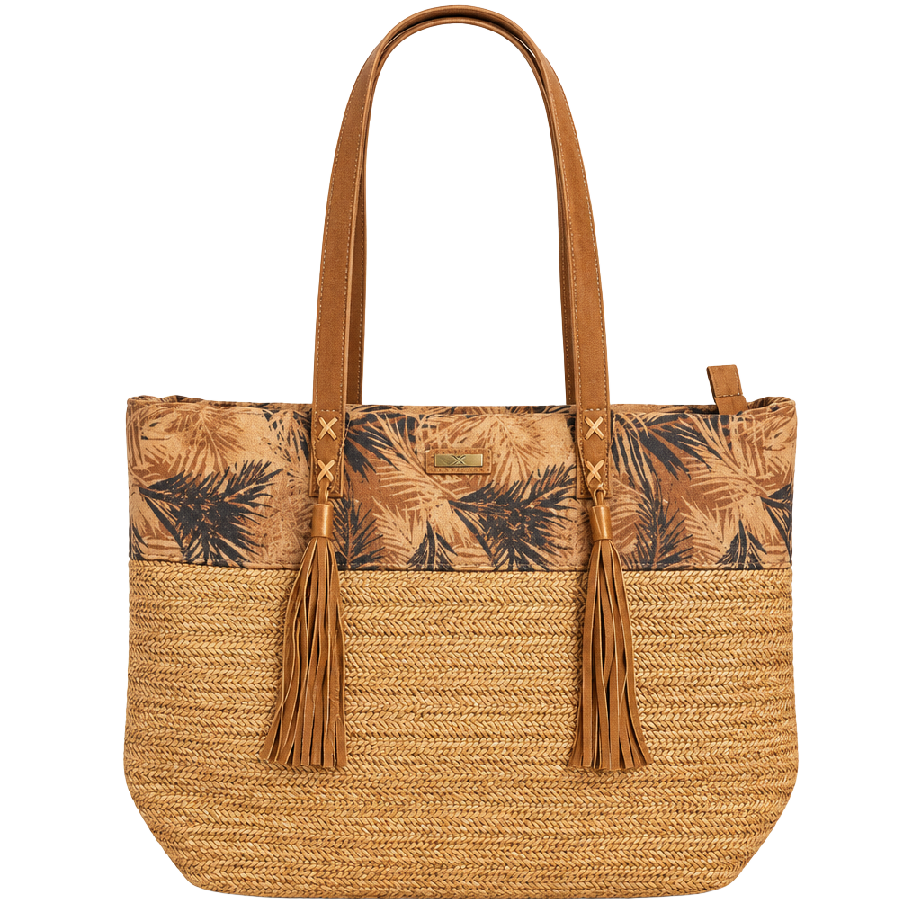 Sun 'N' Sand Woven Straw Tote Tan/Brown Tropical Floral Zip Tassel Lined 1