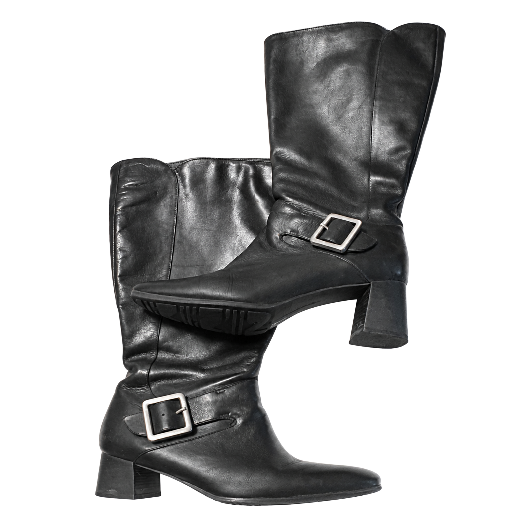 Sassy Naturalizer Black Leather Knee High Heeled Boots with Buckle Size 7.5W 1