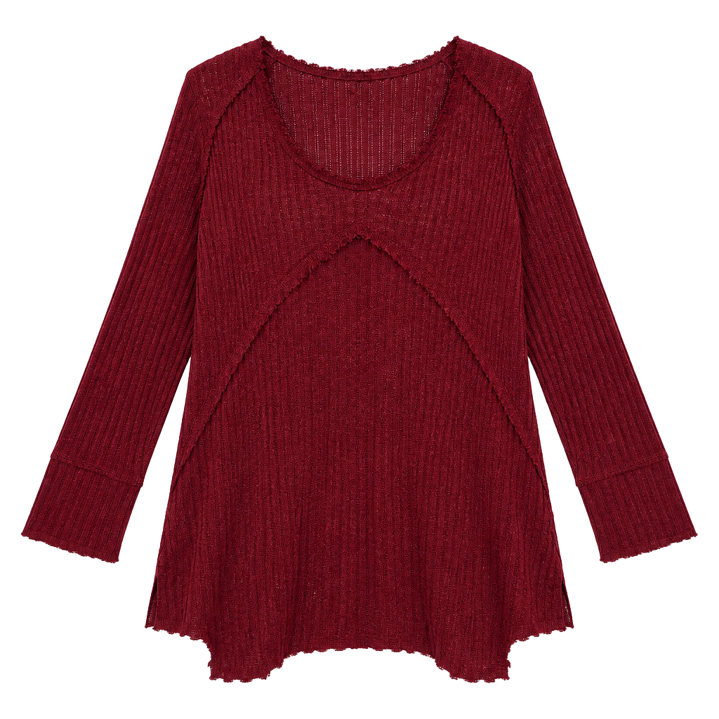 Whimsical Boho Adam Levine Long Sleeve Top Size M Burgundy Ribbed Raw Edge 1