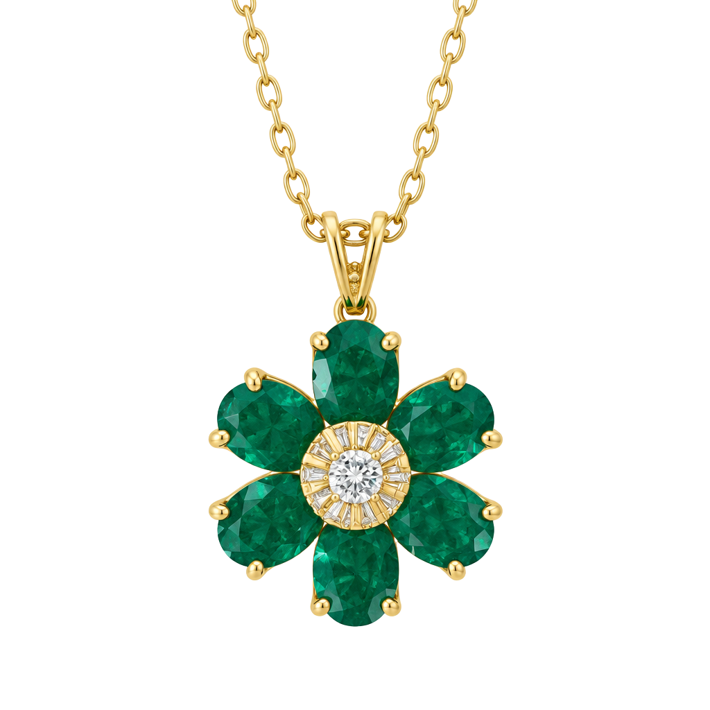 A.M.G. Green Agate & Diamond Flower Pendant Necklace Sterling Silver 1