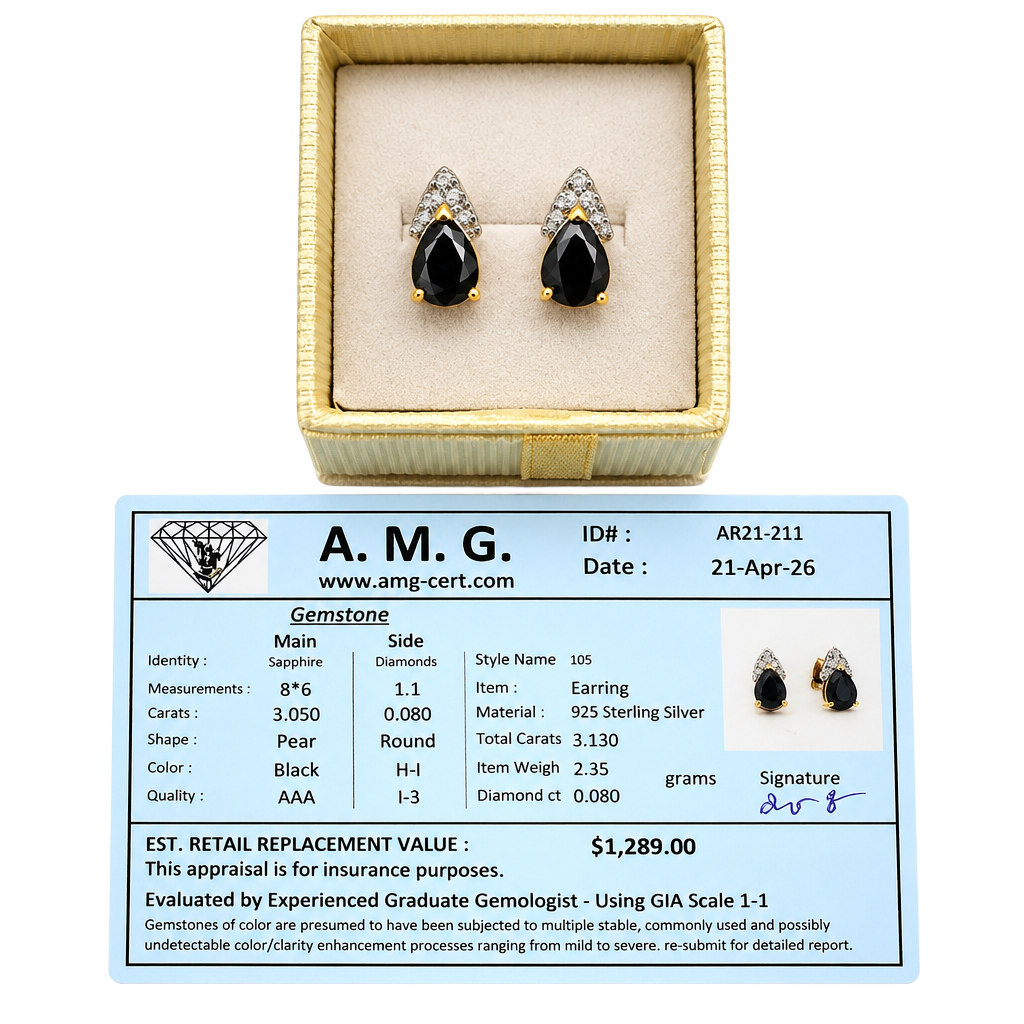 A. M. G. Sapphire Diamond Earrings Style 105 Sterling Silver Pear Black 1