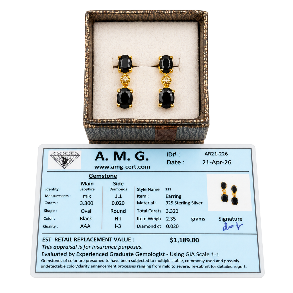 A.M.G. Black Sapphire and Diamond Earrings 925 Sterling Silver Style 111 1