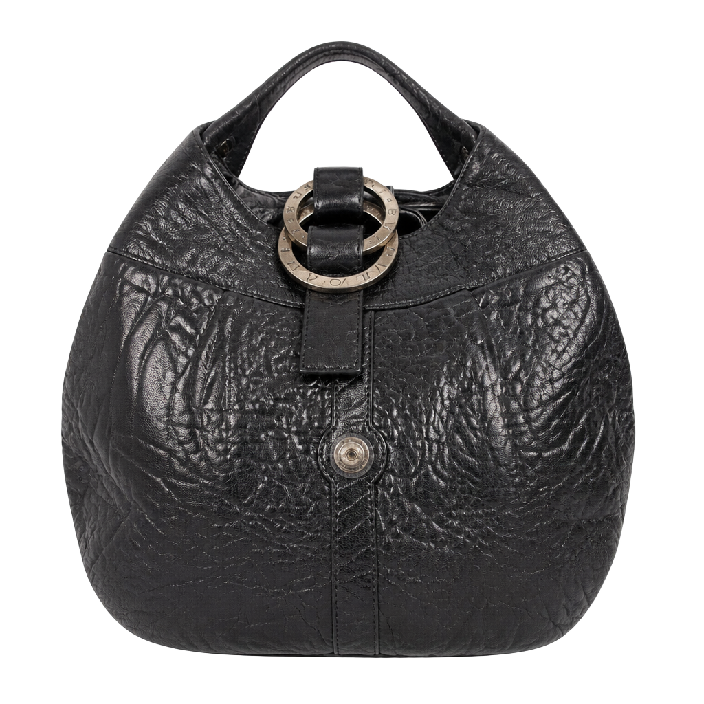 Bvlgari Black Textured Leather Shoulder Bag with Logo Ring Hardware 1
