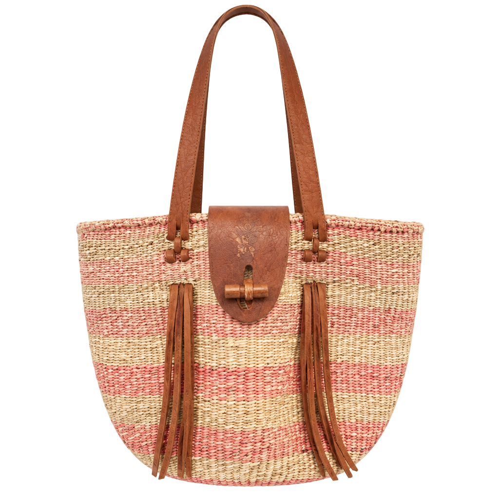 Vintage Woven Sisal & Leather Striped Tote Bag 1