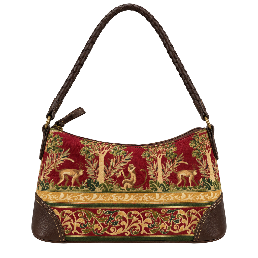 Vintage Tapestry Monkey Print Shoulder Bag Red Brown 1