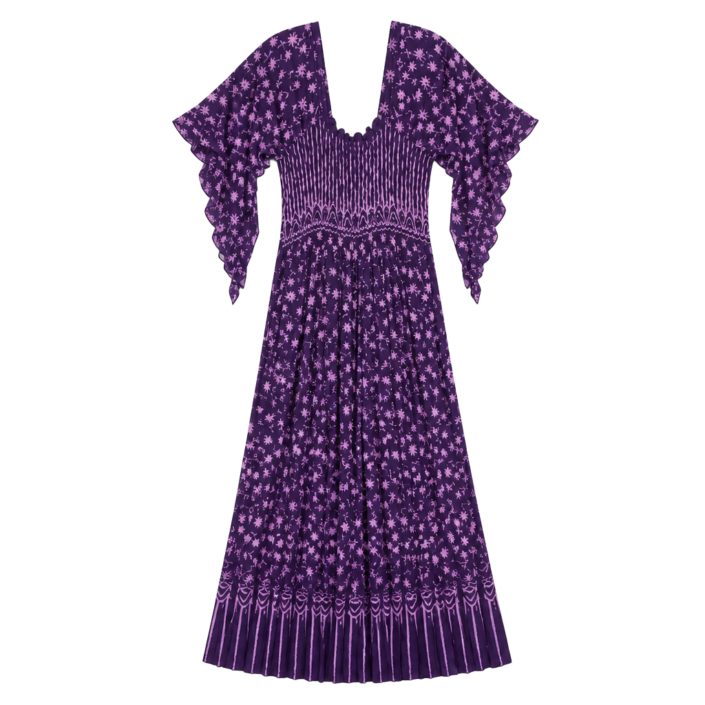 Lotus Traders Batik Smocked Cottagecore Ruffle Bell Sleeves Maxi Dress 1