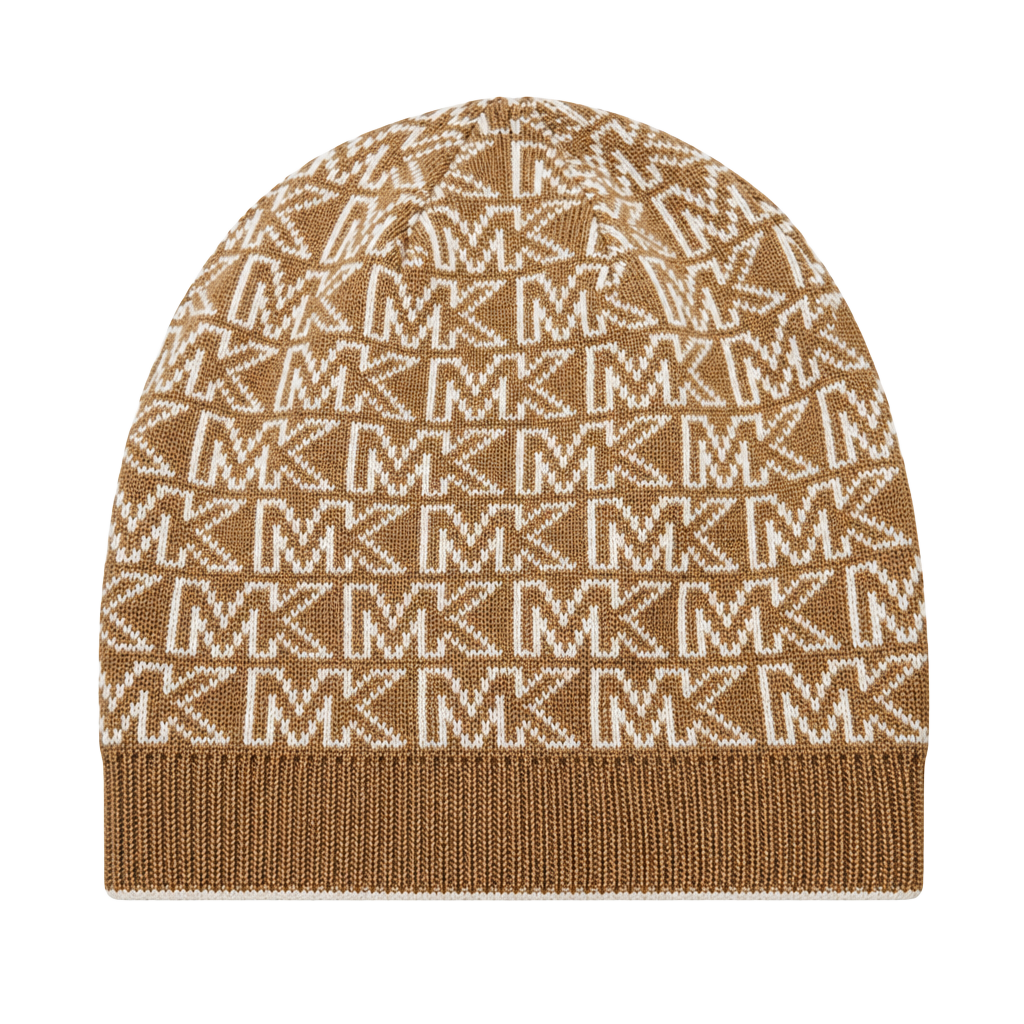 Michael Kors MK Logo Beanie Hat Brown Camel White Knit Winter 1