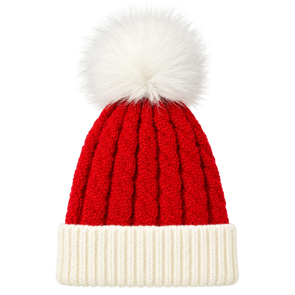 Red And White Cable Knit Beanie Hat With Pom Pom 1