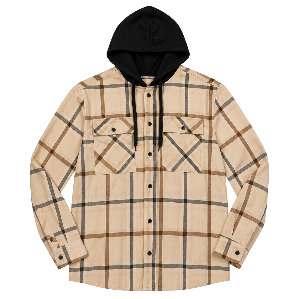 No Boundaries Men's Long Sleeve Hooded Plannel Shirt Shacket Cream Brown Plaid Size S 1
