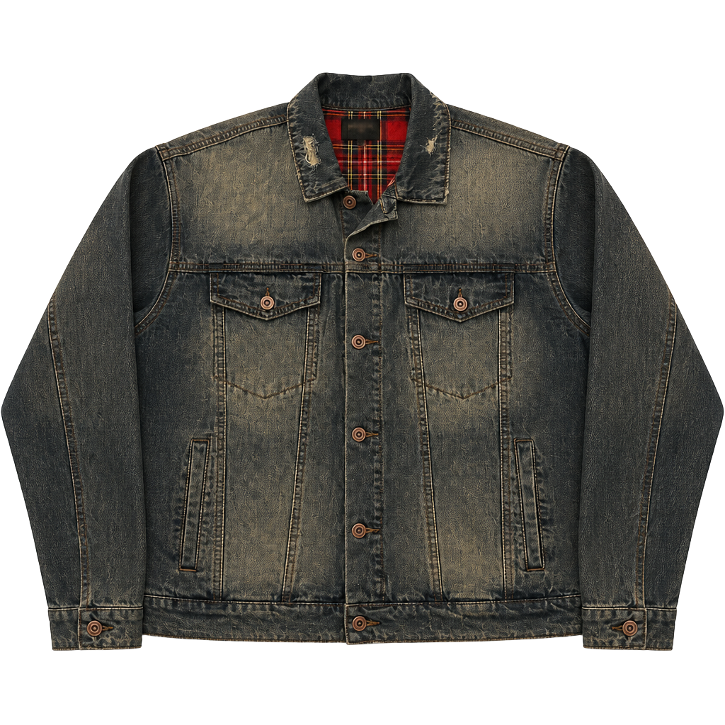 Forever 21 Men Red Flannel Lined Distressed Denim Jacket 1