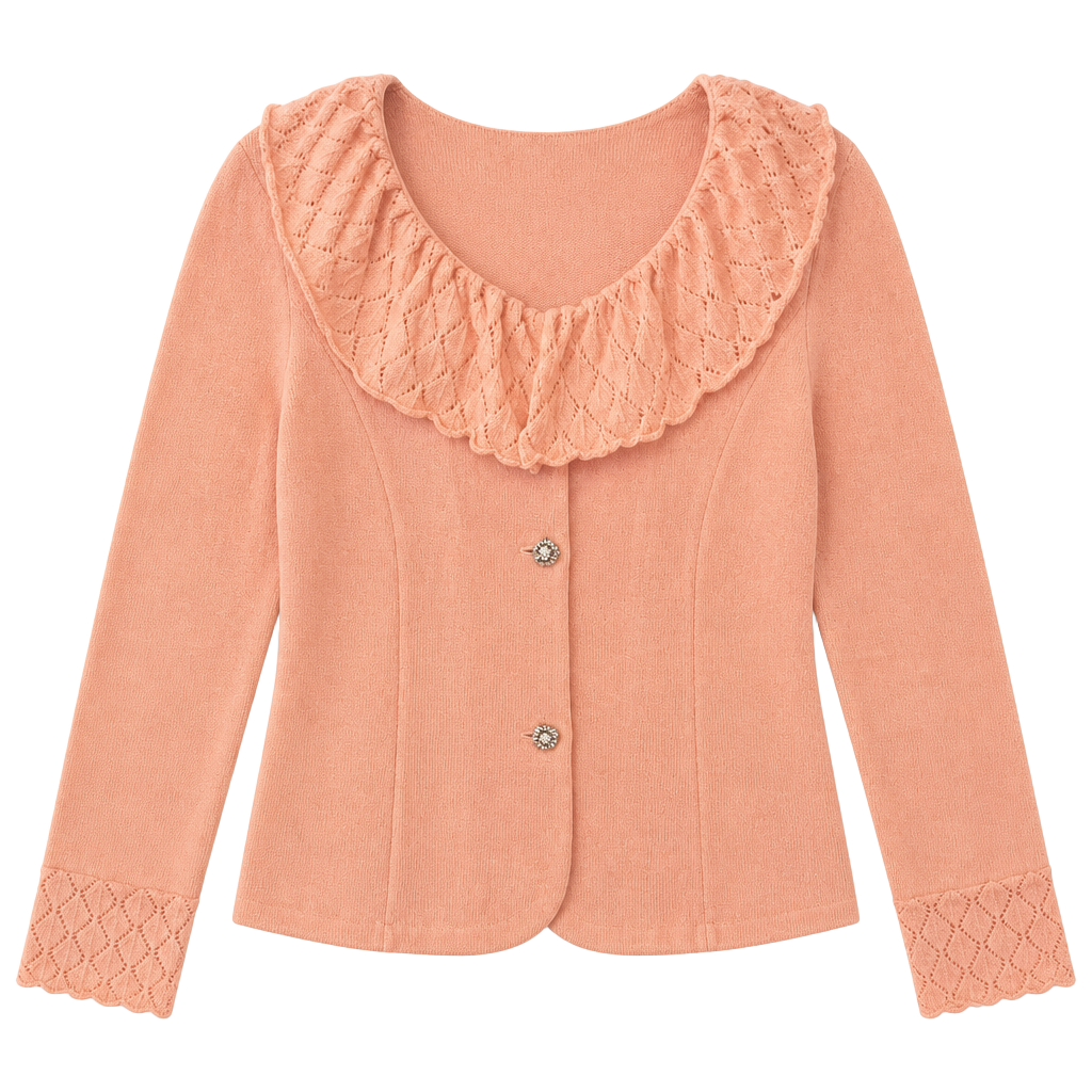 Todd & Olivia Pink Knit Sweater with Ruffled Collar and Embellished Buttons 1