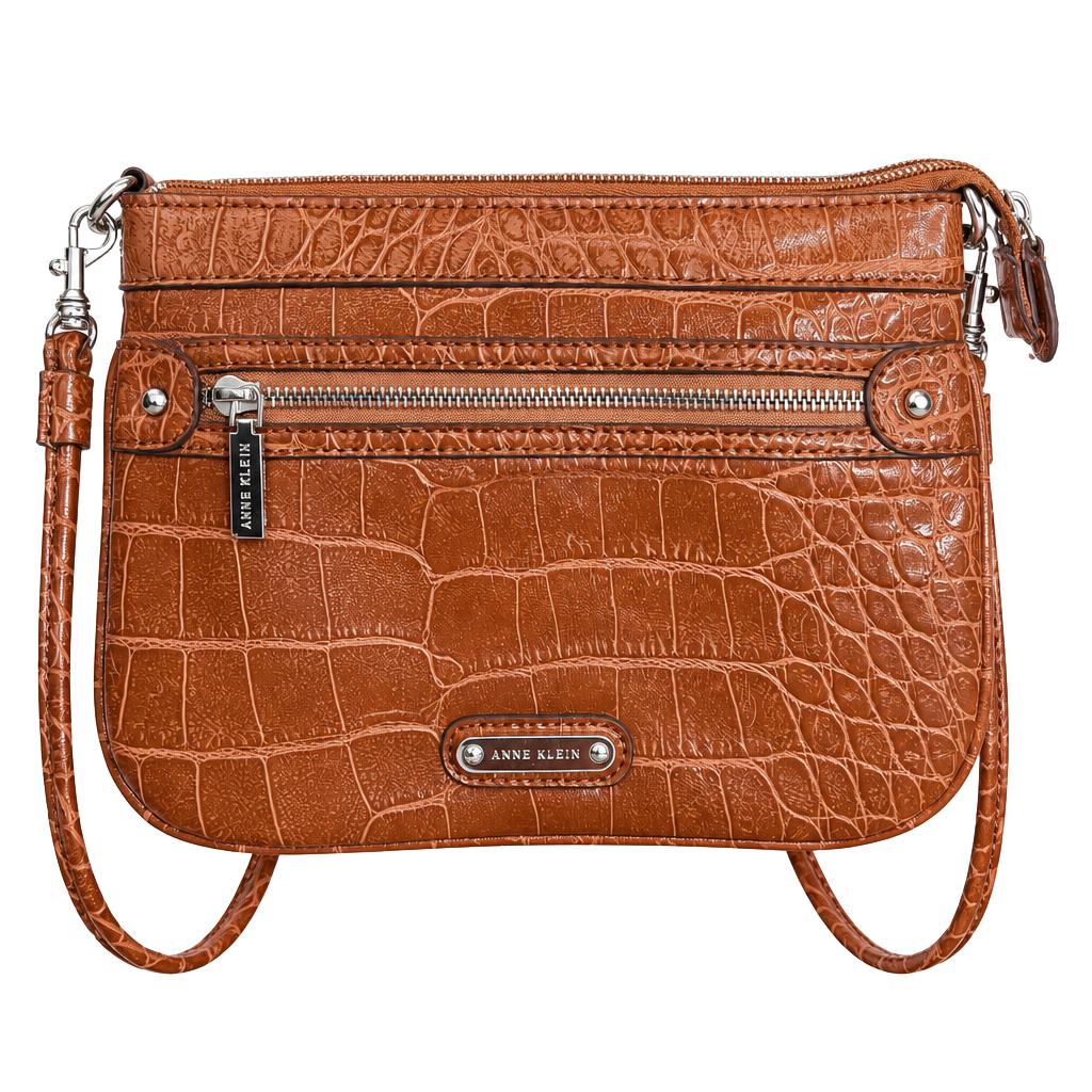 Anne Klein Faux Croc Crossbody Bag Cognac Brown 1