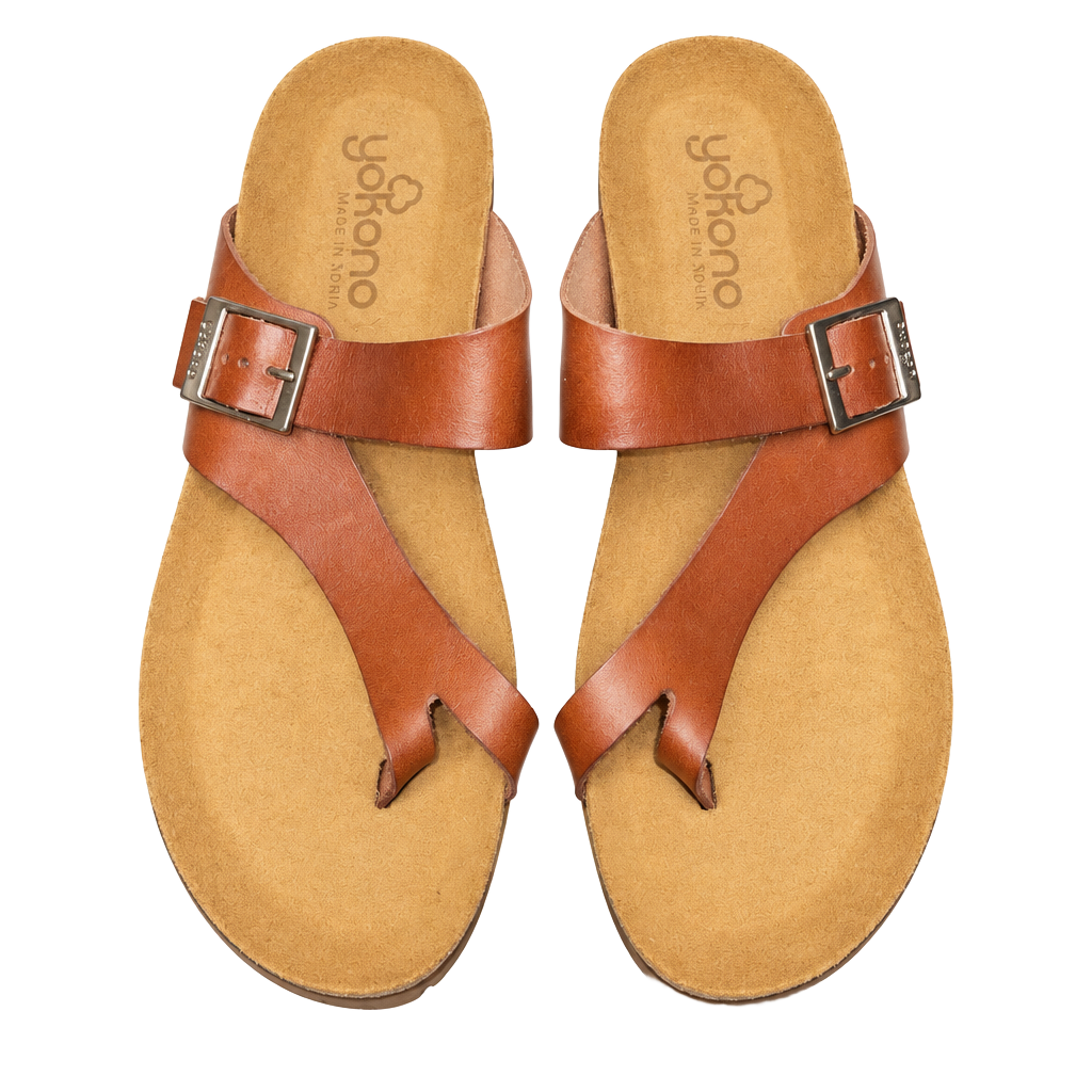 Yokono Brown Leather Sandals Size 9 Toe-Loop Cork Wedge Slide 1