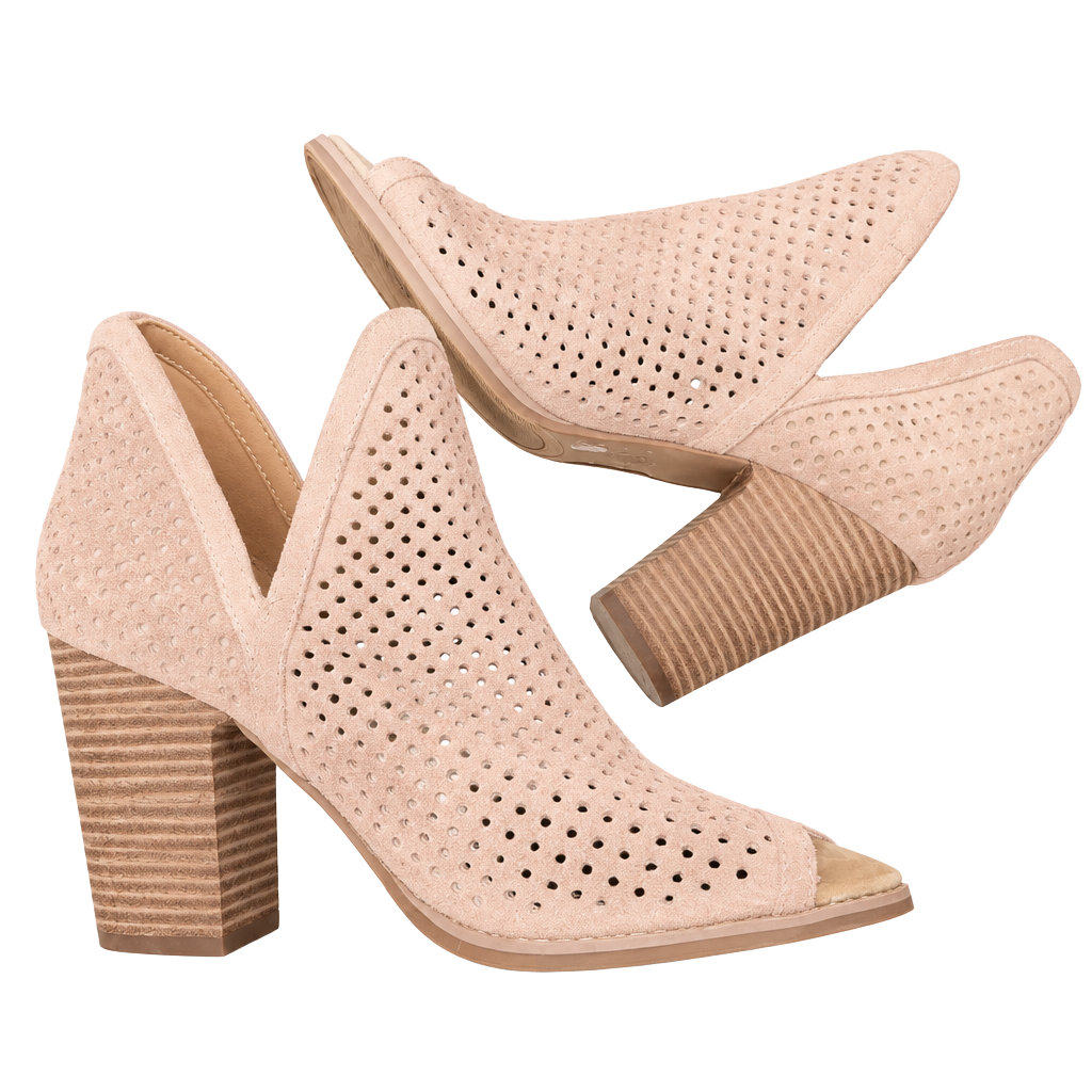 Lucky Brand Larise Booties Size 7M Tan Suede Perforated Peep Toe Heels 1