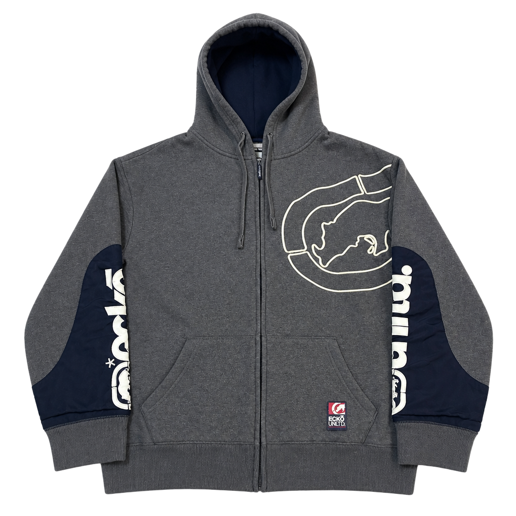 Ecko Unltd. Vintage Y2K Full Zip Hoodie Grey Navy Blue XL 1