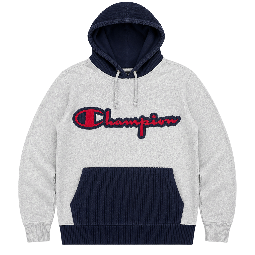 Mens Champion Grey Hoodie with Navy Corduroy Hood and Pocket 1