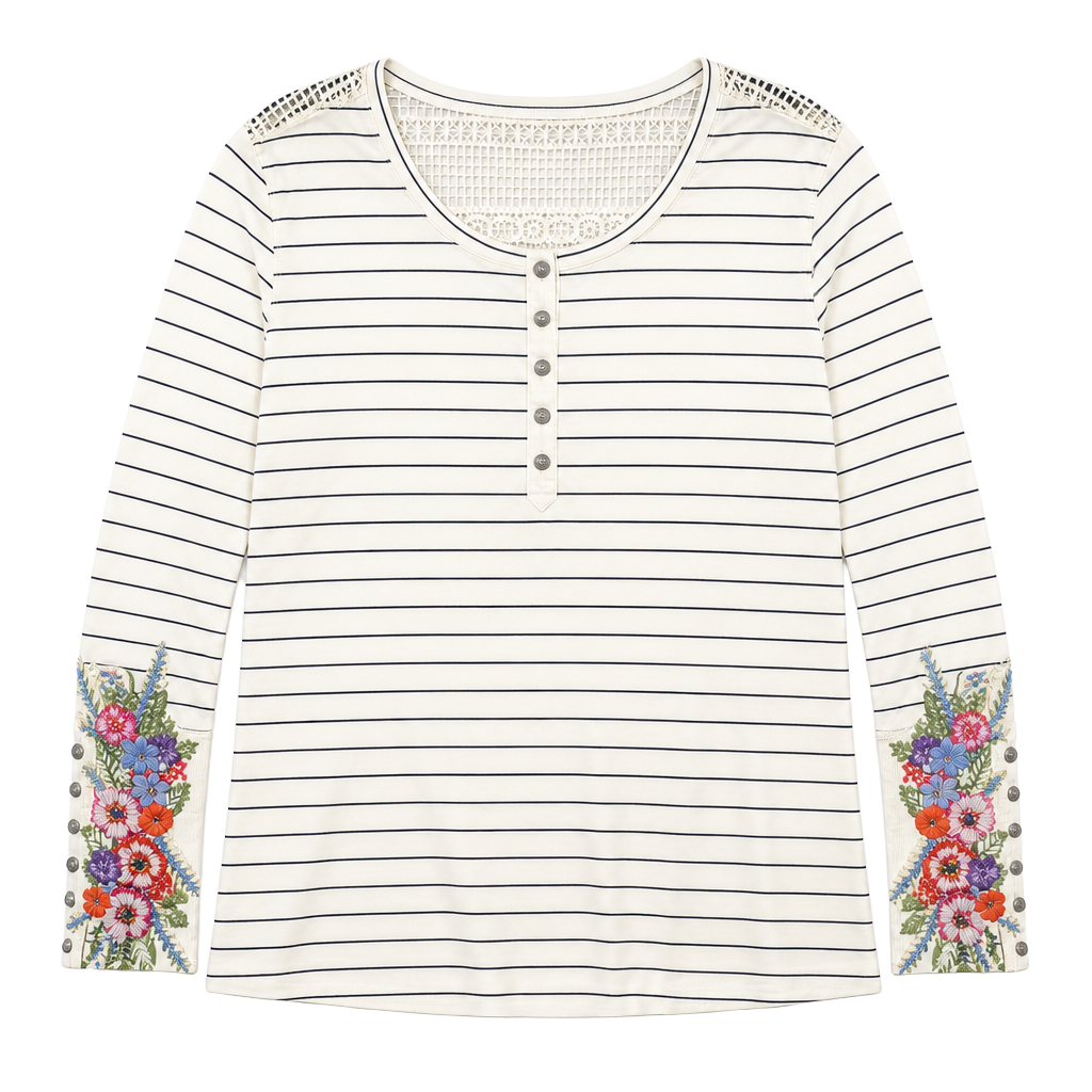 Aratta Silent Journey Henley Shirt Women Sz L Floral Embroidered Cuffs Lace NWT 1