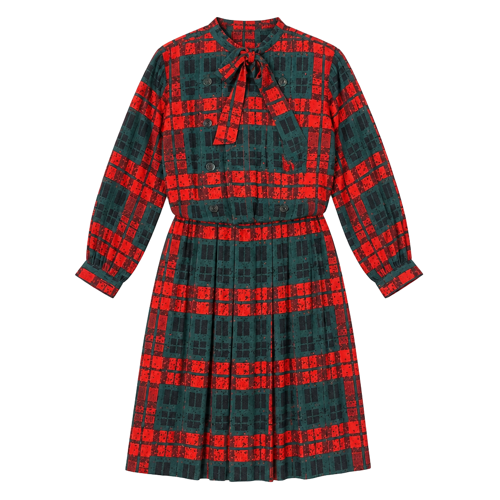 Vintage 1980s Albert Nipon Red Green & Black Plaid Drop Waist Silk Dress 1