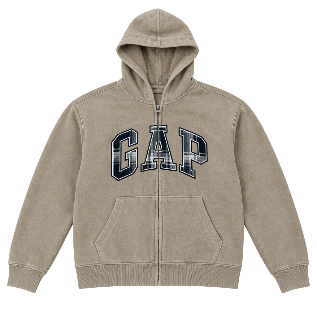Gap Kids Logo Zip Hoodie Size XL Brown Plaid Arch Logo 1