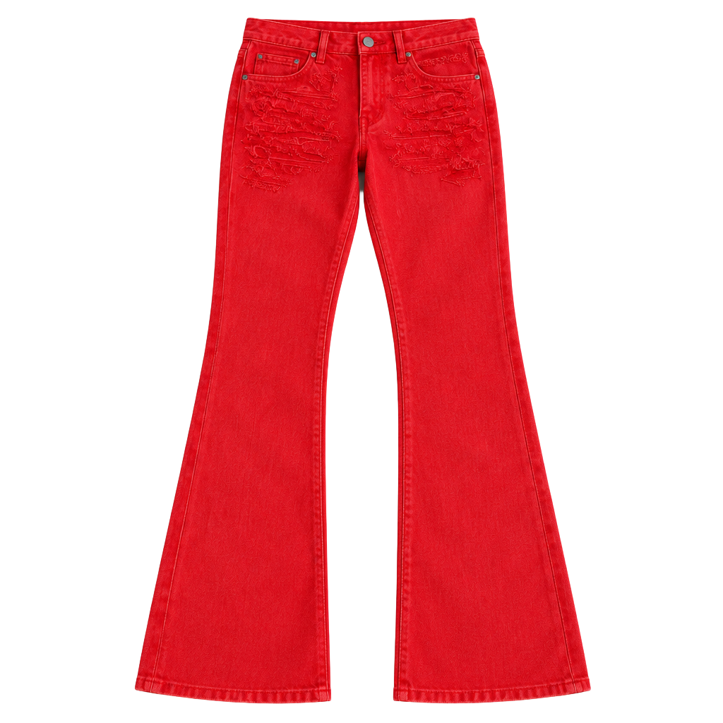 Fashion Nova Alex Distressed Dyed Stacked Slim Flare Jeans Size 32 Red 1