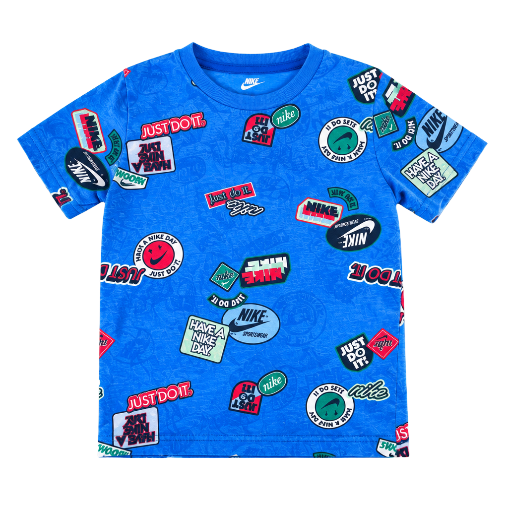 Nike Graphic T-Shirt Size 5-6 Yrs Blue Patches Short Sleeve 1
