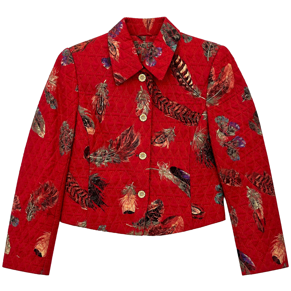 Vintage Carlisle Cropped Quilted Silk Wool Blend Jacket Feather Print 1
