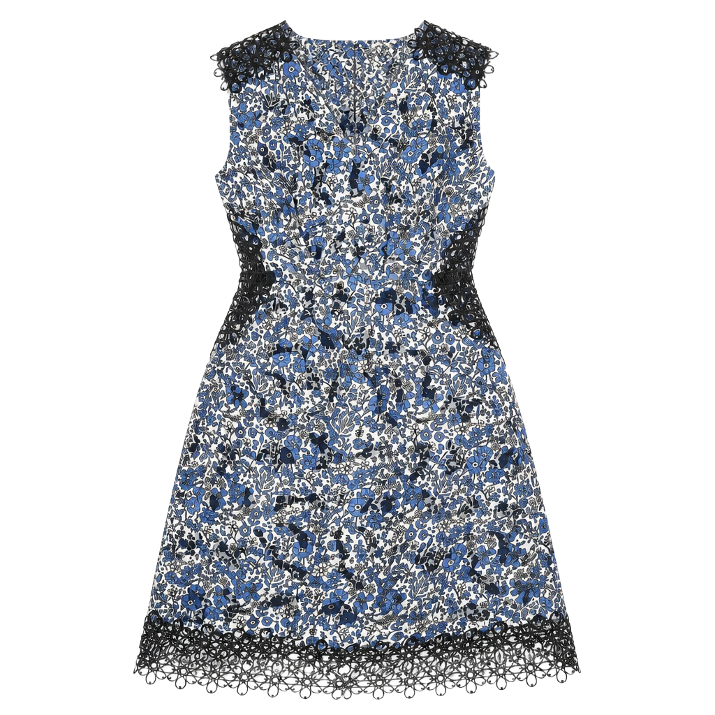 Elie Tahari Wren Blue Floral Crochet Trim A-Line Dress Sz 10 1