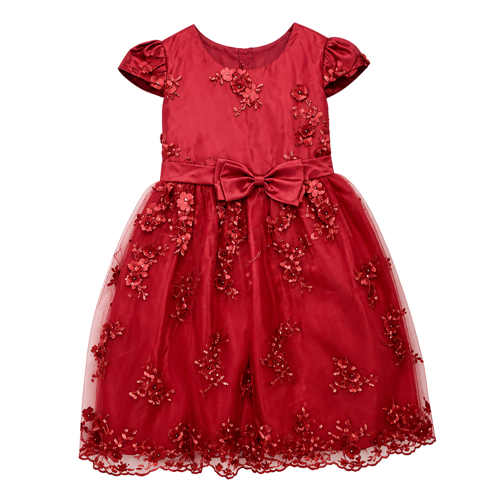 Kiki Kids Girls 12 Red Embroidered Holiday Dress 3D Floral Tulle Bow Made USA 1