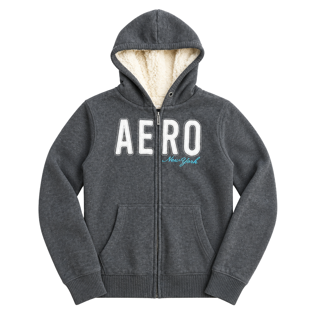 Aeropostale Vintage Y2K Gray Sherpa Lined Full Zip Up Hoodie Size L 1