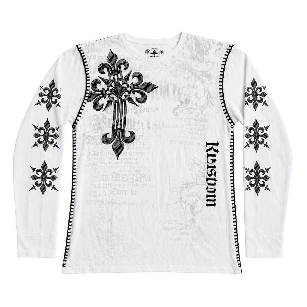 Raw State Vintage Thermal Shirt White Gothic Cross Wings MMA Waffle Knit 1