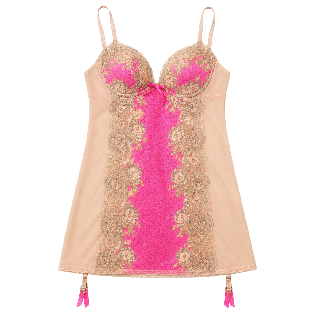 Victoria's Secret Lace Babydoll Slip Size 34C Pink Mesh Garter Dress 1