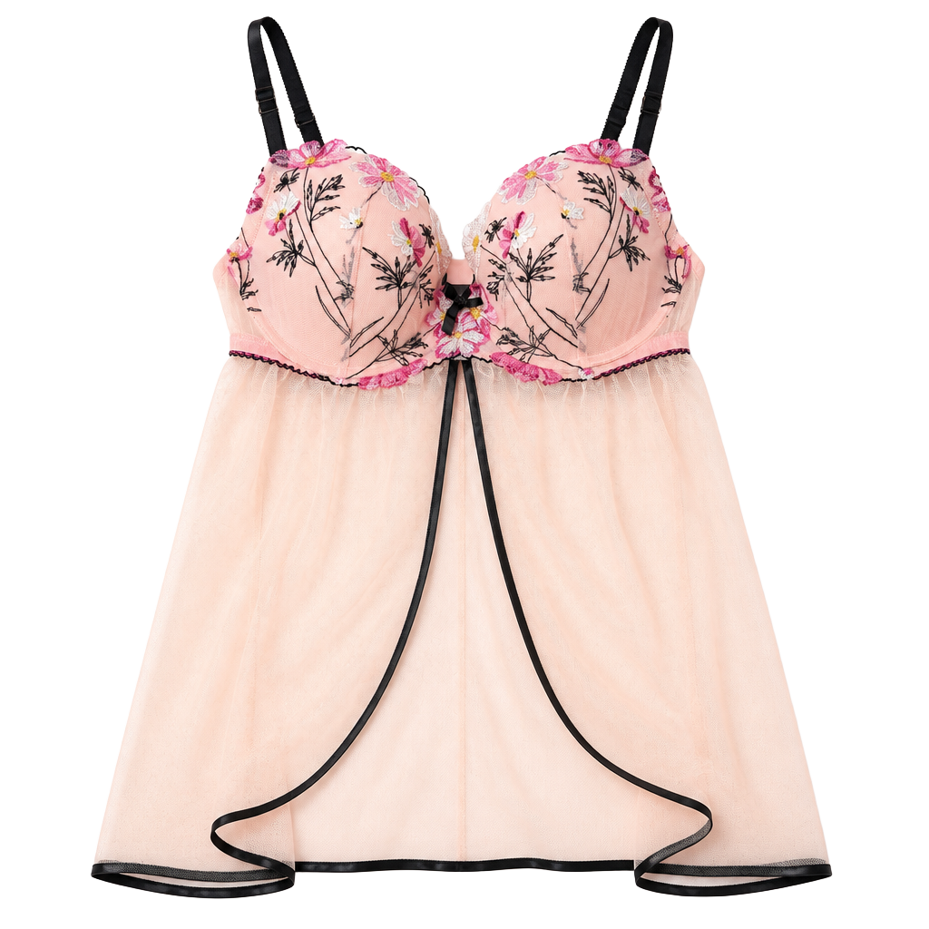 Victoria's Secret Babydoll Size 34D Pink Floral Mesh Slip Lingerie 1